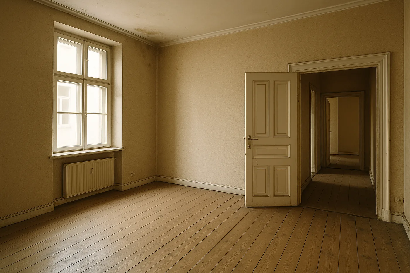 Leeres Zimmer in einem Altbau vor der Renovierung – drei Lupen zeigen Stellen, an denen asbesthaltige Materialien stecken können: Wandspachtel, Fensterkitt an der Scheibe und Spachtel am Deckenübergang