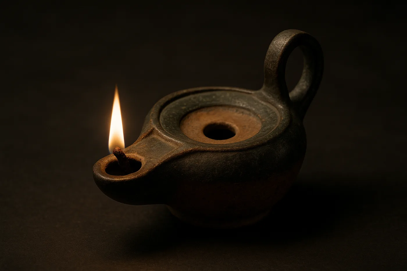 Antike Öllampe aus Bronze und Ton mit kleiner Flamme, vor dunklem Hintergrund