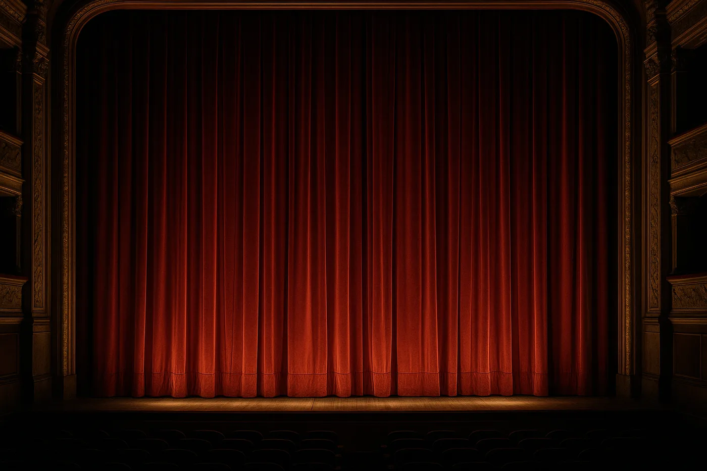 Schwerer roter Bühnenvorhang in einem klassischen Theater, von unten warm beleuchtet